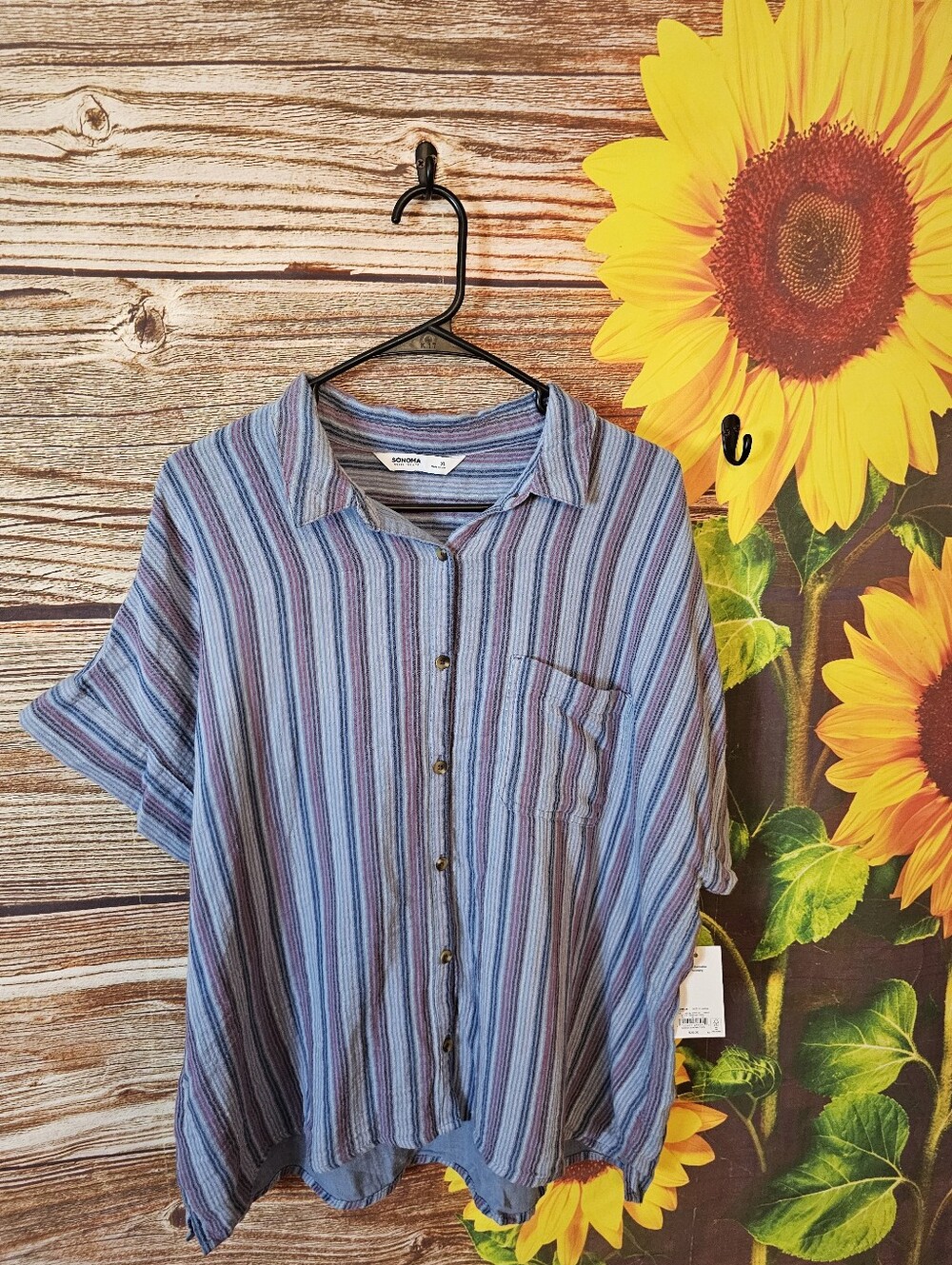 Sonoma  Blue and Gray Striped Short-Sleeve Button-Down Shirt